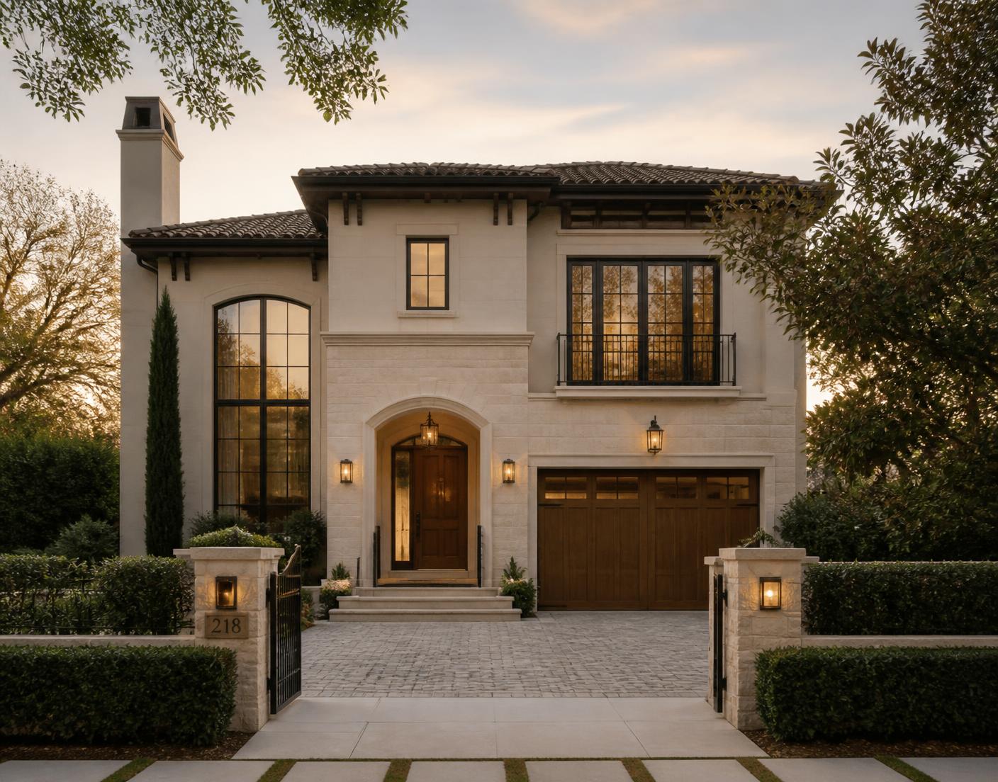 A welcoming residential home exterior at golden hour